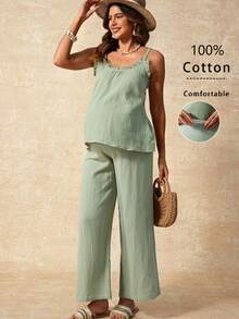 Boho Mama Bộ đồ bầu 2 món gồm áo hai dây màu trơn có bèo nhún và quần cạp chun điều chỉnh được, kiểu dáng thường ngày. - màu xanh lá - Xem 8