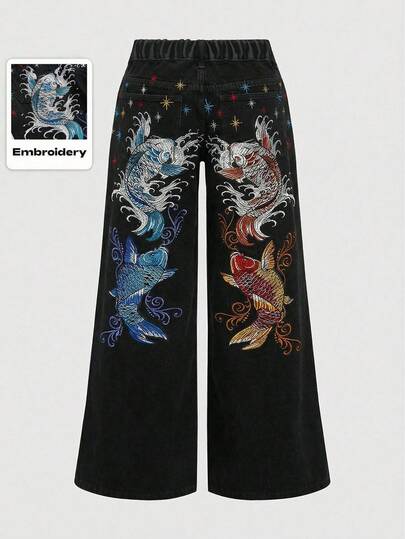J-Fashion Jeans anchos y holgados con bordado floral de carpa, estilo retro hip hop subcultura, unisex