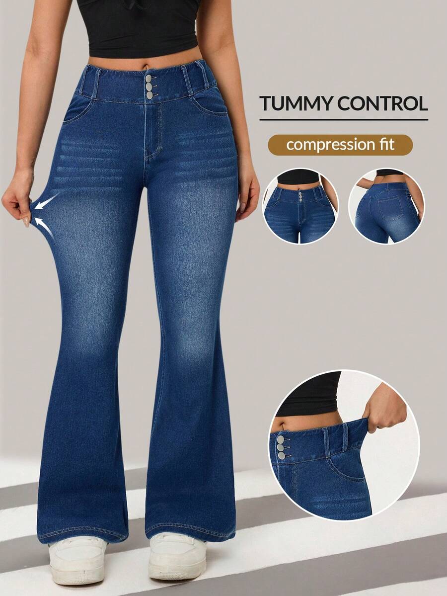 Flexra Women's Button Waist Pocket Design Flare Leg Casual Jeans - Medium Wash - View 1