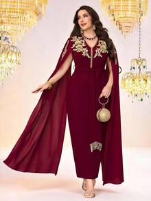 Al Najma Plus Size Women's Elegant Party Embroidered Applique Cape Sleeve Arabic Style Dress - Burgundy - View 7