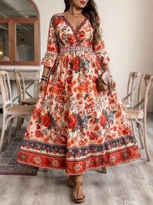 Weeklong Plus Size Women's Fashion New Bohemian V-Neck Long Floral Print Maxi Dress, Short/Long Sleeve, Suitable For Spring/Summer, Back To School, Vacation, Graduation, Holidays, Valentine's Day, Christmas, Music Festivals, Mother's Day, Halloween, Thanksgiving, Easter, National Day, Dances, Dates, Parties, Weddings, Outdoor Activities - Multicolor - View 8