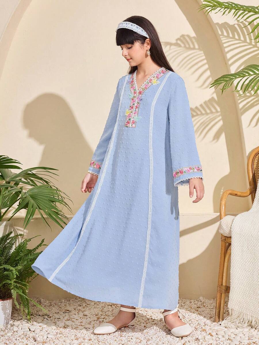 Sparklyn 1件斋月女童长袍，蝴蝶装饰，蓬松球状面料，V领，荷叶边袖设计，传统阿拉伯服饰 - 淺藍色 - 查看 1