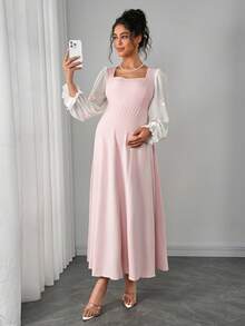 Momance Gaun Hamil dengan Hem Bergelombang, Lengan Lentera, Dekorasi Pita, Leher Persegi, Bagian Belakang Berkerut, Pita Pengikat, Gaun Model A-Line - Baby Pink - View 4