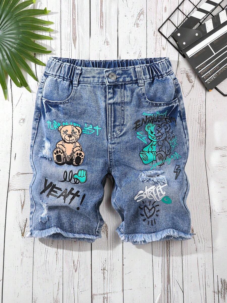 SHEIN Tween Boy Pocket Cartoon Letter Print Distressed Frayed Hem Washed Casual Versatile Daily Wear & Holiday Denim Shorts Boys Graphic Shorts Big Boy Summer Set Jean Shorts Little Boys Ripped Shorts Kids Jean Short - Light Wash - View 1