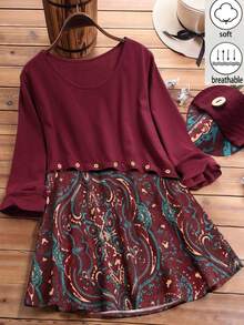 Linhara Plus Size Women's Burgundy Autumn Boho Blouse,Faux Linen Print Patchwork Button Decor Round Neck 3/4 Sleeve Blouse,Vacation Holiday Winery - Multicolor - View 1