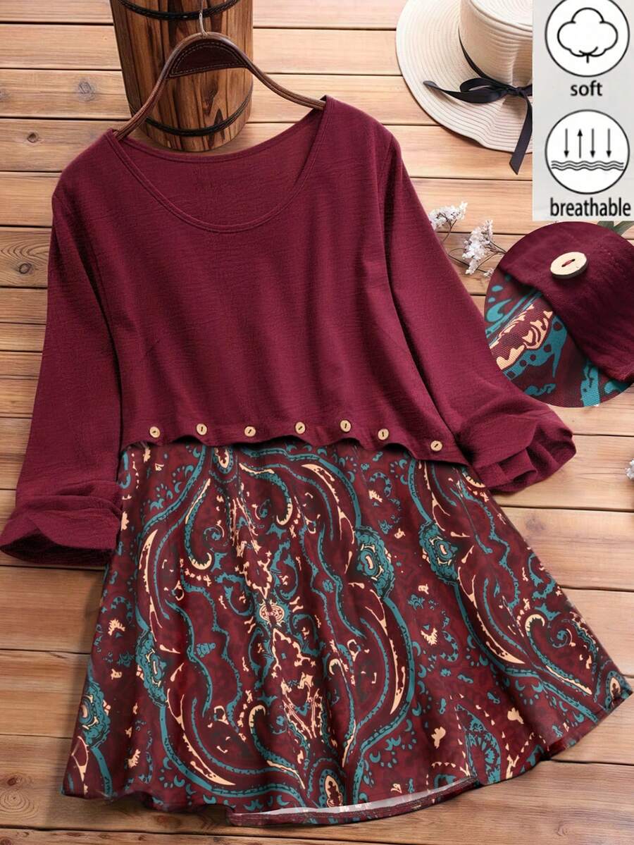 Linhara Plus Size Women's Burgundy Autumn Boho Blouse,Faux Linen Print Patchwork Button Decor Round Neck 3/4 Sleeve Blouse,Vacation Holiday Winery - Multicolor - View 1