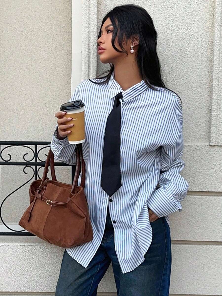 MainGRL Áo sơ mi nữ dài tay kẻ sọc cổ nơ cài một hàng khuy, kiểu dáng thường ngày/công sở - Đen và trắng - Xem 1