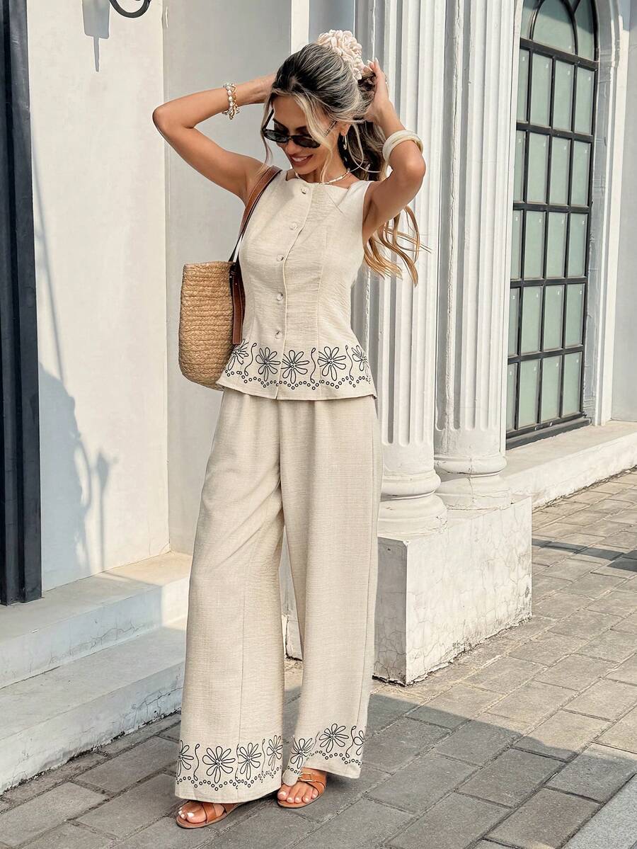 SHEIN Frenchy 女士印花单排扣背心和裤子休闲两件套 - 杏色 - 查看 1