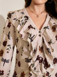 SHEIN LUNE Plus-Size Beige Summer Elegant Formal Wedding Guest Chiffon Floral Print Ruffled Collar Blouse - Multicolor - View 10
