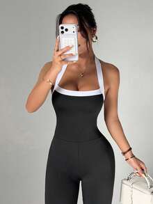 Dewbera Women's Yoga Outdoor Fitness Jumpsuit, Spaghetti Strap Contrast Color Backless Tank Top & Tight Flare Pants - Black - View 4