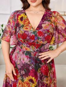 Modelyn New Luxury Elegant Loose V-Neck Short Sleeve Dress - Hot Pink - View 4