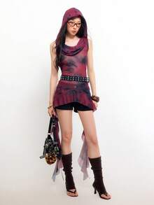 Bloopia Women's Fashionable Street Tie-Dye Sleeveless Hooded Mesh Blouse, Summer - Red - View 1