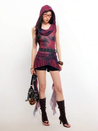 Bloopia Women's Fashionable Street Tie-Dye Sleeveless Hooded Mesh Blouse, Summer