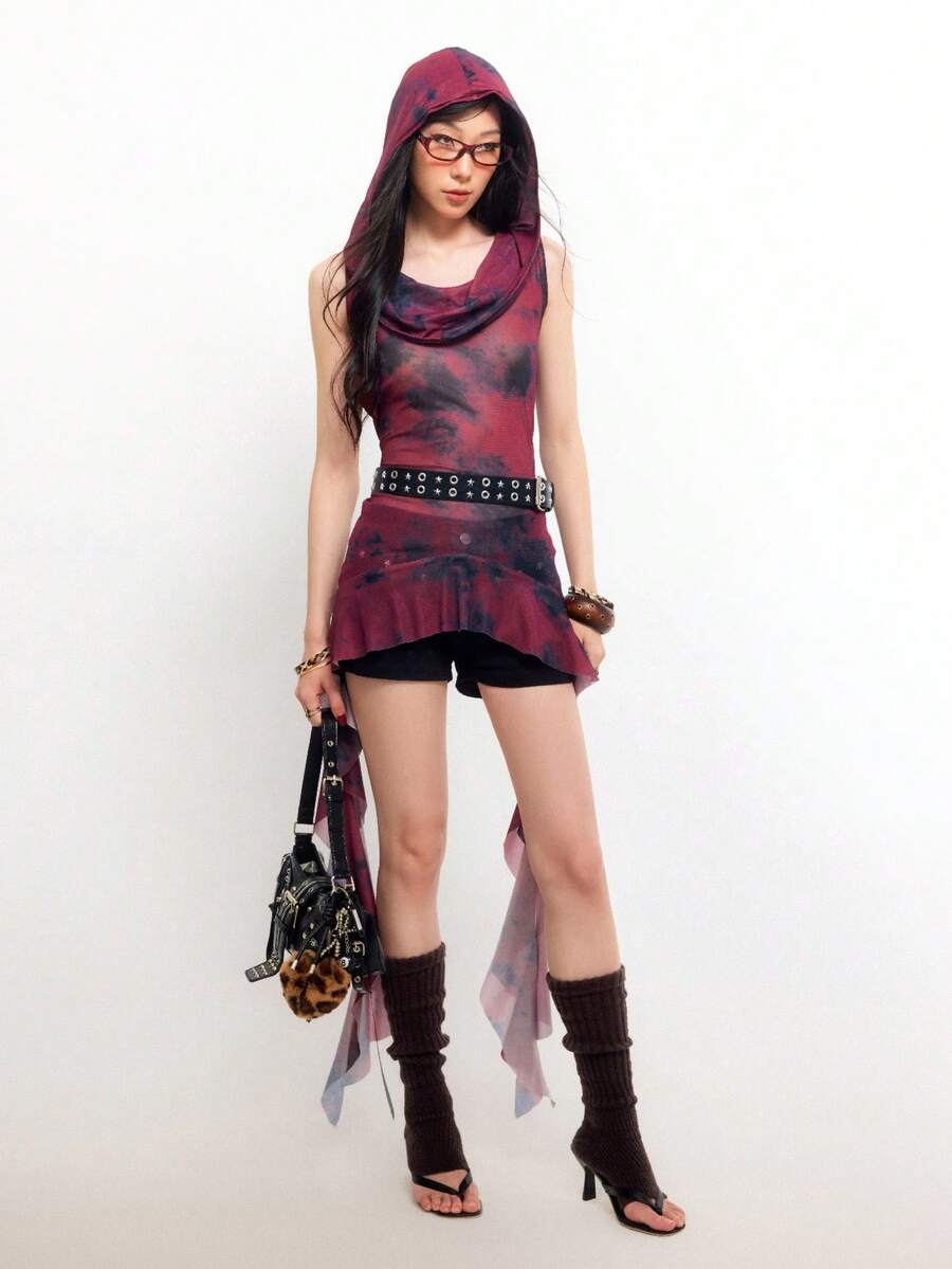 Bloopia Women's Fashionable Street Tie-Dye Sleeveless Hooded Mesh Blouse, Summer - Red - View 1