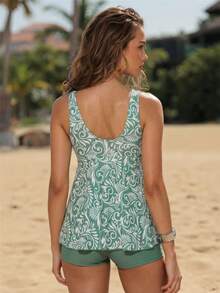 Swim Lushoire Women's Summer Beach Vacation Allover Print Ruched Twist Front Tankinis Swimsuit - Army Green - View 2