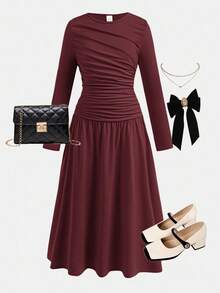 SHEIN Serisse Kids Tween Girls Solid Ruched Long Sleeve Long Dress, Casual Daily Autumn Winter Fall Clothes Elegant Dresses - Burgundy - View 2