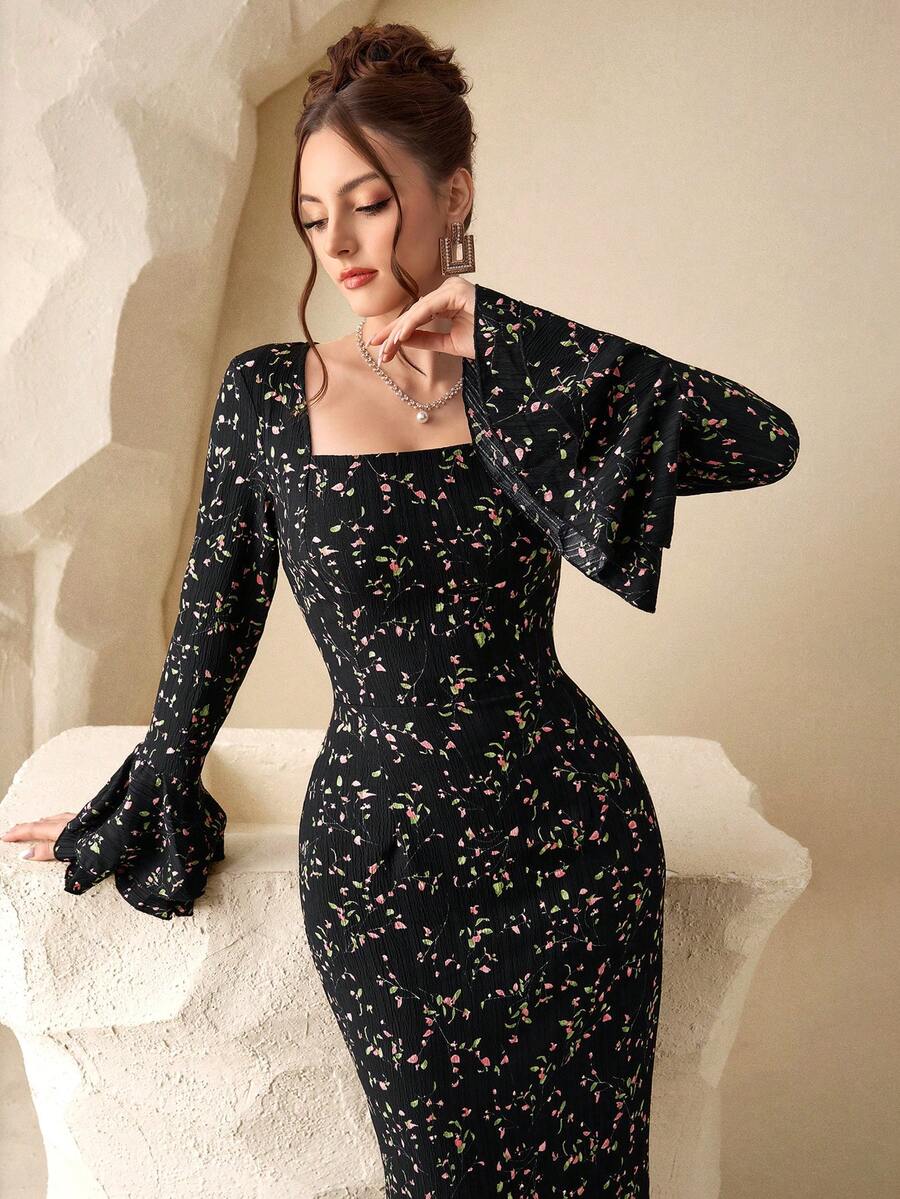 Modelyn Đầm midi nữ màu đen dệt kim in kỹ thuật số, tay loe, ôm eo, kiểu dáng thanh lịch, thích hợp cho mùa xuân/hè. - màu đen - Xem 1