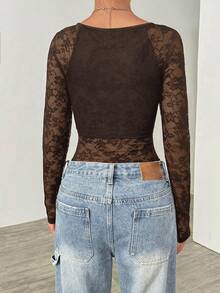SHEIN EZwear 棕色蕾丝女士方领长袖连体衣 - 棕色 - 查看 2