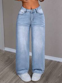 SHEIN PETITE 女式口袋直筒宽松休闲百搭牛仔裤