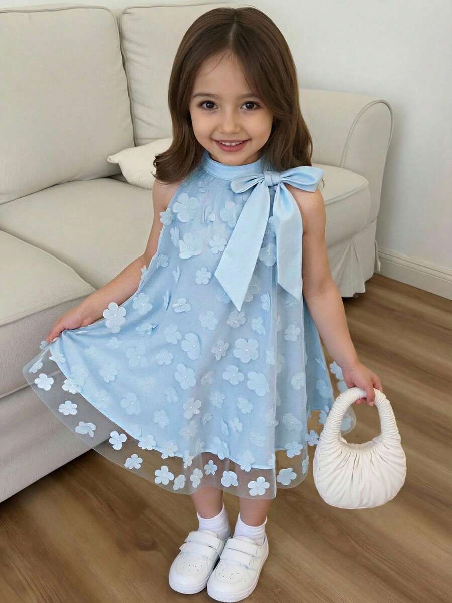 Young Girl Mandarin Collar Mesh Cutout Loose Casual Dress - Baby Blue - View 1