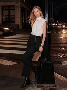 Lumivelle 女士高腰直筒裤，饰有链条，春夏款 - 黑色 - 查看 1