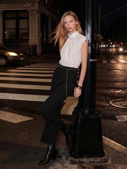 Lumivelle Women's High Waist Straight Leg Pants With Chain Decor, Spring/Summer High Waisted Pants Black Work Pants Women