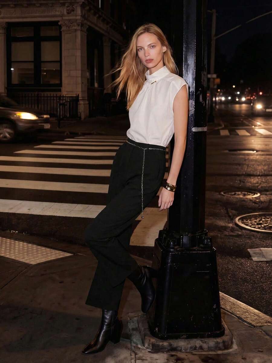 Lumivelle 女士高腰直筒裤，饰有链条，春夏款 - 黑色 - 查看 1