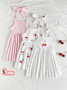 SHEIN Vintaside Kids Set de 3 vestidos sencillos y cómodos con estampado floral y de mariposas para niña bebé - Multicolor - Ver 1