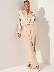 Lilora 女士优雅提花前襟纽扣荷叶边长袖衬衫，女士精致优雅春夏款缎面提花真丝衬衫 - 卡其色 - 查看 7