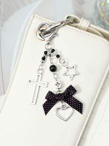 ROMWE Kawaii 1款春季新款简约经典时尚复古学院风银黑树脂CCB圆珠镂空星十字波点织带蝴蝶结爱心吊坠DIY钥匙扣包包挂件水杯挂件手机挂件，固定粘贴式爱心饰品，适合女孩女士日常佩戴，节日礼物 - 銀黑色-73 - 查看 5