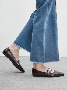 CUCCOO BIZCHIC 女士方头平底巧克力色金属扣套脚平底鞋，舒适休闲玛丽珍鞋，适合搭配连衣裙 - 咖啡棕 - 查看 8