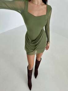 Aloruh Women's Sexy Bodycon Pleated Ruffle Hem Mini Long Sleeve Mesh Overlay Dress - Army Green - View 5