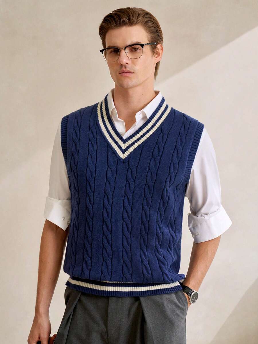 Manfinity CityGents 男士V领条纹麻花针织休闲毛衣背心 - 彩色 - 查看 1