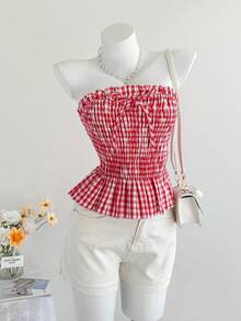 Comfortcana Áo quây nữ màu đỏ kẻ caro có nơ trang trí, áo đỏ mùa hè cho nữ, thanh lịch, đi nghỉ mát, thường ngày, phong cách Y2K, mùa hè, xuân, ngày lễ tình nhân, lễ hội, bãi biển, tiệc sinh nhật, đám cưới, đi chơi, áo kẻ caro. - Nhiều màu - Xem 4