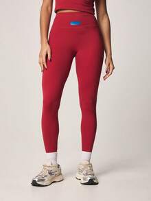 MISSGUIDED Hochtaillierte Leggings mit Abzeichen-Detail für Frauen, Fitness, Yoga, Laufen, Aktivkleidung, Stretch, Kompression, Trainingsanzug, Sportshose - Rot - Übersicht 1