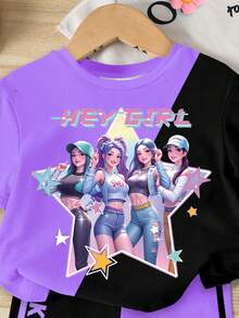 Bộ đồ 2 món thời trang thường ngày cho bé gái, họa tiết hoạt hình K-POP, màu tím và đen phối tương phản, gồm áo thun ngắn tay cổ tròn và quần short cùng màu, thích hợp cho các hoạt động ngoài trời mùa xuân/hè. - Nhiều màu - Xem 3