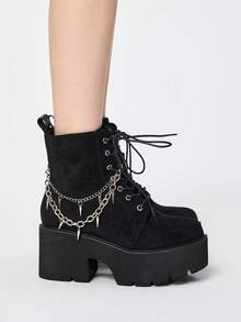 Grunge Punk Fashionable Versatile Chain Decor Thick Sole Wedge Ankle Boots Valentine's Day - Black - View 4