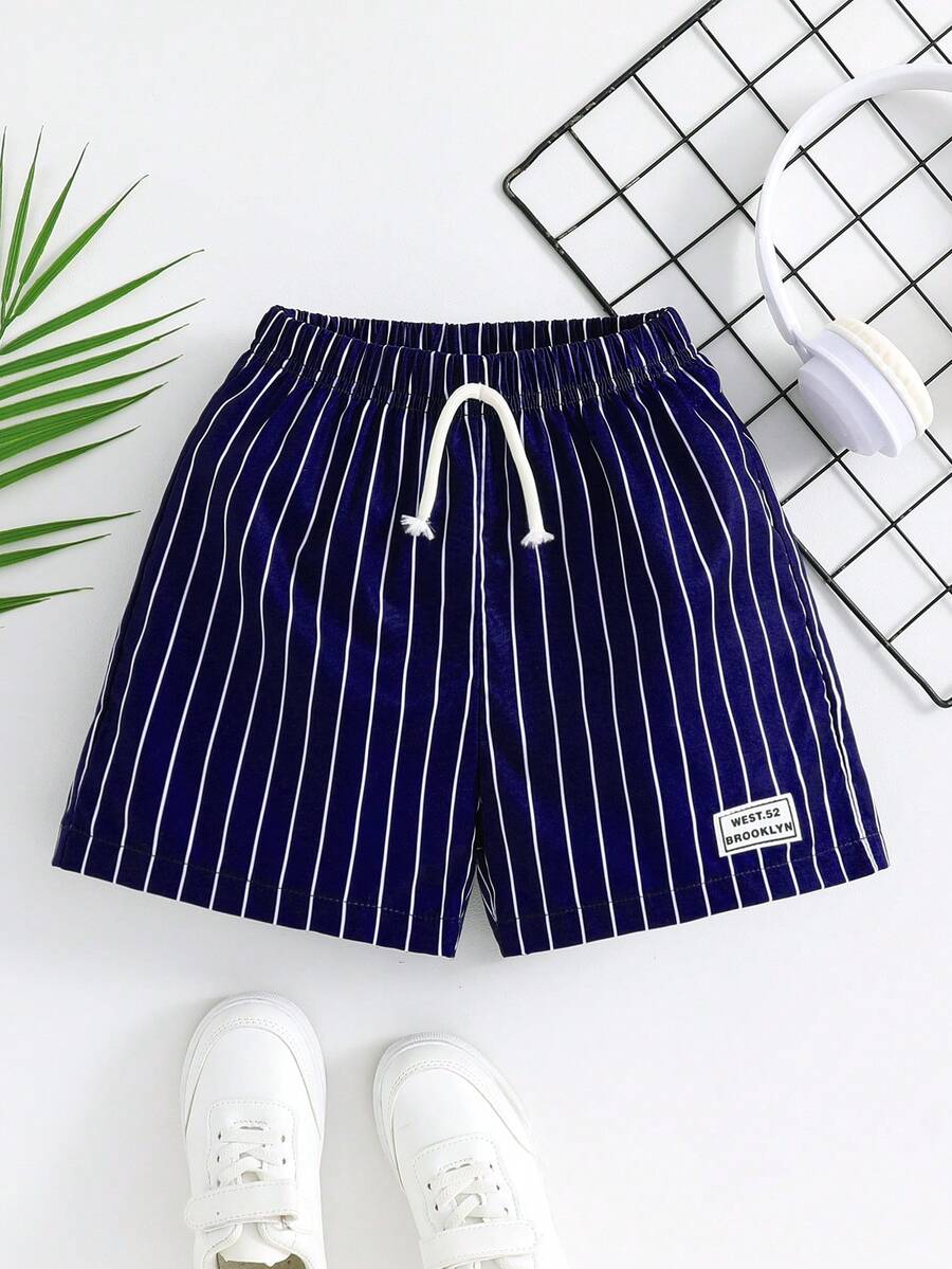 SHEIN 1pc Young Boy Casual Minimalist Sports Vacation Striped Print Shorts, Suitable For Daily Wear, Vacation, Travel, Relaxation, Sunbathing, Spring/Summer - Royal Blue - View 1