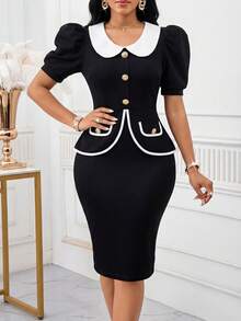 SHEIN Lady Women's Elegant Commuter Puff Sleeve Top And Skirt 2 Pieces Set - Black and White - View 4