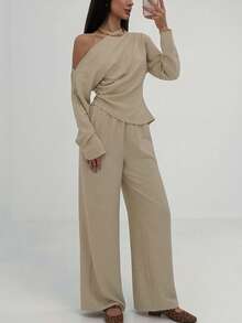 Aloruh Conjunto feminino para o dia a dia: blusa de manga comprida com cintura franzida + calça folgada