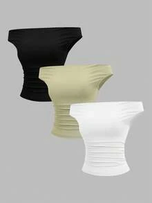 Sweetra Set de 3 camisetas casuales y cómodas de ajuste ceñido con diseño moderno de hombros descubiertos para mujer, para primavera/verano - Multicolor - Ver 1