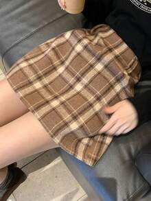 DAZY Chân váy ngắn kẻ caro thời trang thường ngày dành cho nữ mùa xuân - Màu Khaki - Xem 9