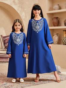 Tween-Mädchen Elegant Resort Lässig Mode Besticktes Kleid mit Rundhalsausschnitt und Langarm - Blau - Übersicht 1