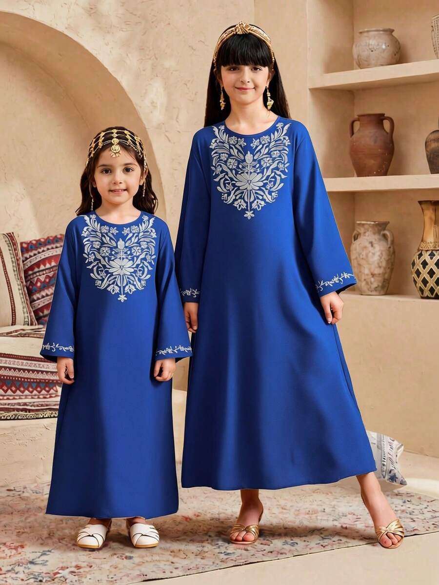 Tween-Mädchen Elegant Resort Lässig Mode Besticktes Kleid mit Rundhalsausschnitt und Langarm - Blau - Übersicht 1