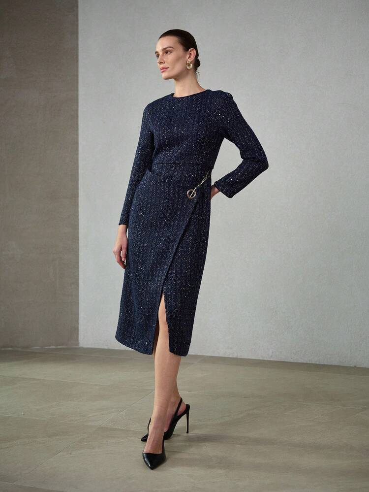 AUTUMN/WINTER TWEED & PU PATCHWORK CHAIN DECOR LONG DRESS