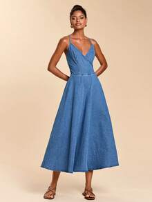 Travachic Women's Sexy Backless Tie-Waist Denim Slip Dress, Vacation Style - Medium Wash - View 3