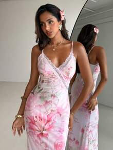 Aloruh 女士优雅性感V领蕾丝拼接修身腰部印花沙滩裙 - 彩色 - 查看 4