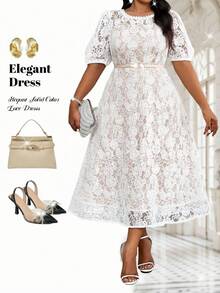 Fleurora Đầm thanh lịch mùa xuân và hè, thích hợp cho công sở, tiệc tùng, tiệc Valentine, tiệc cocktail, hòa nhạc/lễ hội âm nhạc, đầm dệt kim ren trắng cổ tròn tay phồng xòe, tay ngắn, cỡ lớn. - Nhiều màu - Xem 5