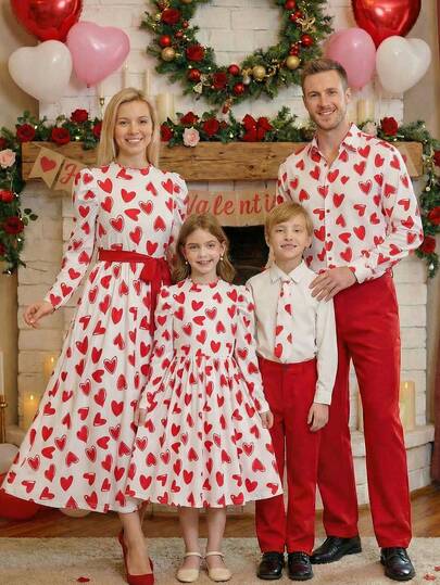 SHEIN Vestido de princesa de manga abullonada con estampado de corazones blancos para niñas, adecuado para fiestas de cumpleaños y banquetes