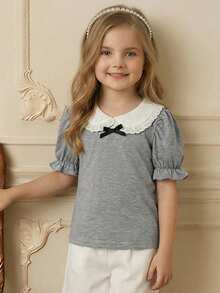 PrepCrw Camiseta de manga abullonada con cuello Peter Pan, decoración de lazo y contraste de color, estilo preppy para niñas jóvenes - Gris - Ver 7